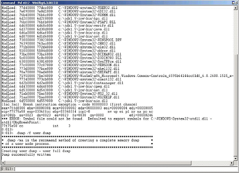 Sample output of crash dump from windbg