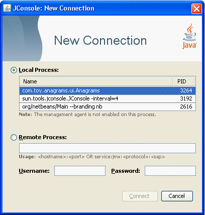 Attempting to connect to a local process without the management agent enabled. JConsole cannot connect to this application.