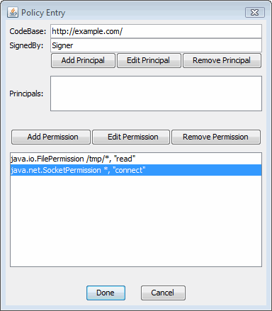 Policy Entry dialog showing two permissions