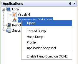 screenshot of VisualVM Applications window showing popup menu options