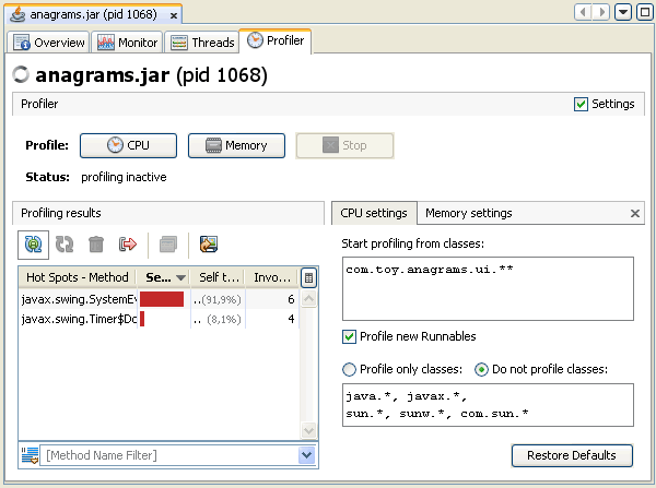 screenshot of Profiler tab showing CPU profiling