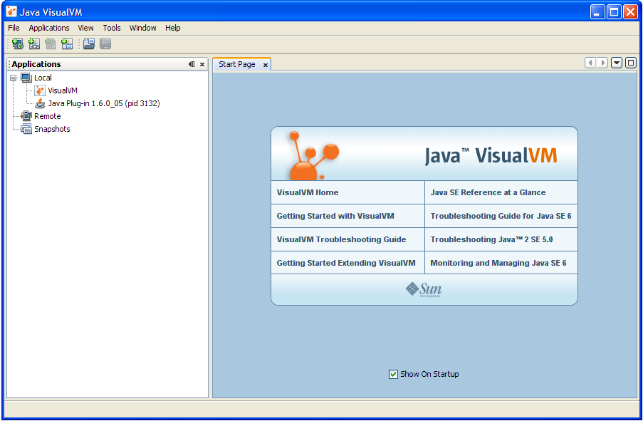 screenshot of VisualVM window with Start screen